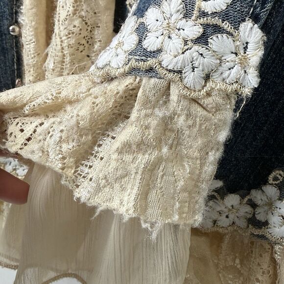 VTG Y2K Boho Fairycore Denim Ruffle Skirt Asymmetrical Lace Beaded Sz S Festival - Picture 6 of 14